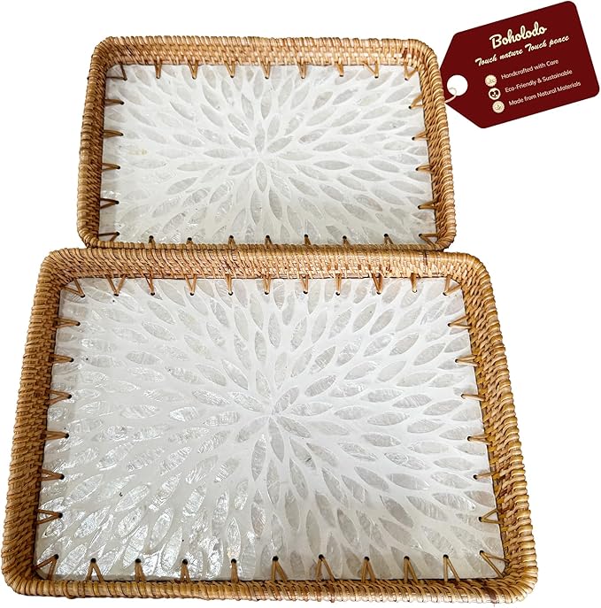 Rattan Rectangle Tray with Mother of Pearl Inlay, Unique Decorative and Serving Tray for Outdoor,Bathroom, Kitchen, Vanity, Perfume, or Coffee Table (Combo White 13"&11.8")