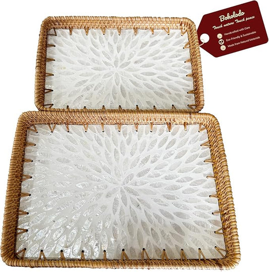 Rattan Rectangle Tray with Mother of Pearl Inlay, Unique Decorative and Serving Tray for Outdoor,Bathroom, Kitchen, Vanity, Perfume, or Coffee Table (Combo White 13"&11.8")