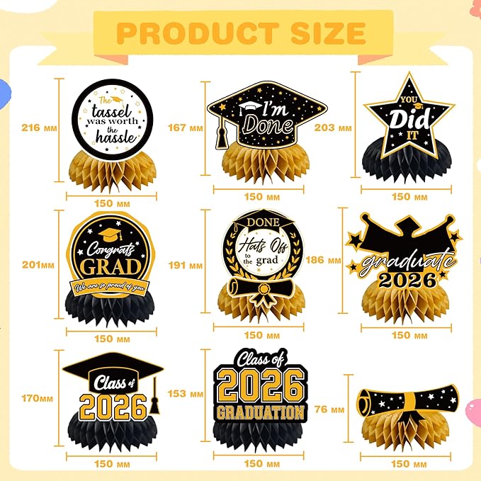 Graduation Decorations 2026 - Black Gold Graduation Honeycomb for Table Centerpiece | Graduation Party Decorations Class of 2026,Table Toppers for Graduation Party Favors Supplies Indoor Outdoor