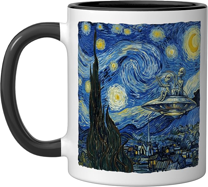 Aliens Saucer UFO Extraterrestrial Fun Starry Night Van Gogh Ceramic Mug, Black/White