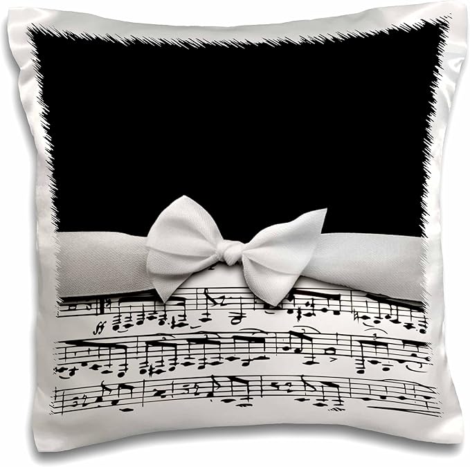 3dRose Stylish musical notes faux ribbon and bow - black and white sheet music girly classy elegant design - Pillow Case, 16 by 16-inch (pc_123130_1)