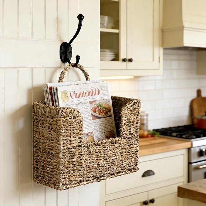 Woven Hanging Basket for Wall, Magazine and Mail Organizer Holder with Sturdy Frame,Seagrass Magazines Baskets Also Stands on Tabletop, Wall Mount Storage Rack for Home Office