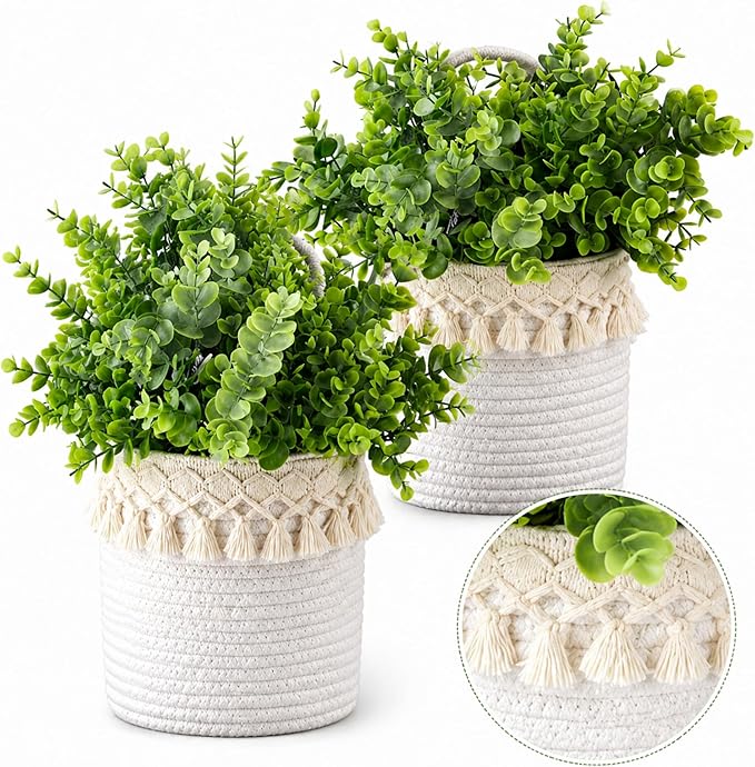 2 Pcs Hanging Cotton Rope Baskets with Tassels 4 Pcs Faux Eucalyptus Stems, Boho Wall Decor, White Woven Plant Basket with Artificial Eucalyptus Leaves for Bedroom, Farmhouse Home Decor