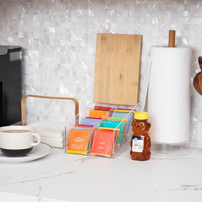 Mind Reader Tea Bag Organizer, Tea Station, Countertop Storage, Acrylic, 6.25"L x 9"W x 5.5"H, Brown