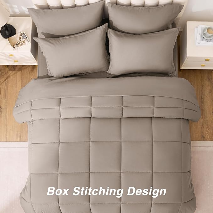 Love's cabin Full Comforter Set Light Brown, 7 Pieces Full Bed in a Bag, All Season Bedding Sets with 1 Comforter, 1 Flat Sheet, 1 Fitted Sheet, 2 Pillowcase and 2 Pillow Sham | Soft, Breathable, Lightweight, Comfortable