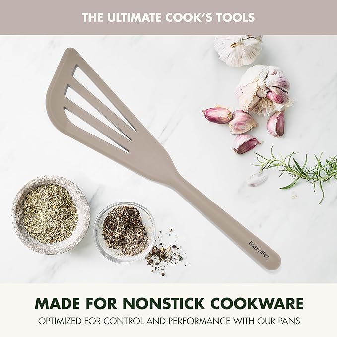 GreenPan Silicone Fish Turner Spatula, Slotted Cooking Kitchen Utensil, Flexible Rubber Nonstick Cookware, Rigid Steel Core, Heat-Resistant, Anti-Slip Handle, BPA-Free, Dishwasher Safe, Taupe