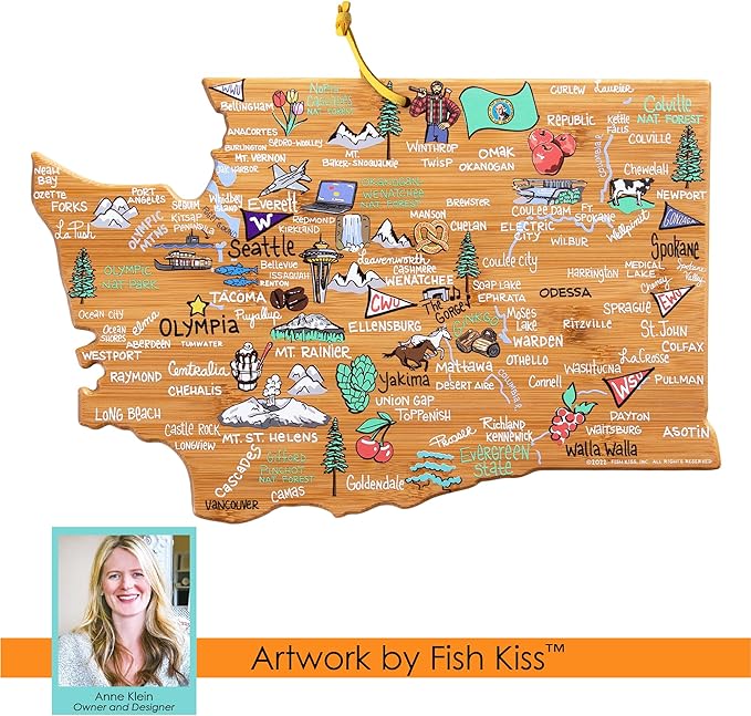 Totally Bamboo Washington State Shaped Cutting Board and Charcuterie Serving Platter with Artwork by Fish Kiss, Includes Hang Tie for Wall Display