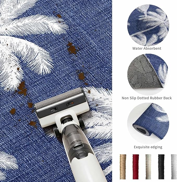 Washable Round Area Rug Coastal Palm Trees on Blue Circle Rugs Floor Carpet for Living Room Bedroom, Minimalist Tropical Leaves Soft Non Slip Round Rug 5ft