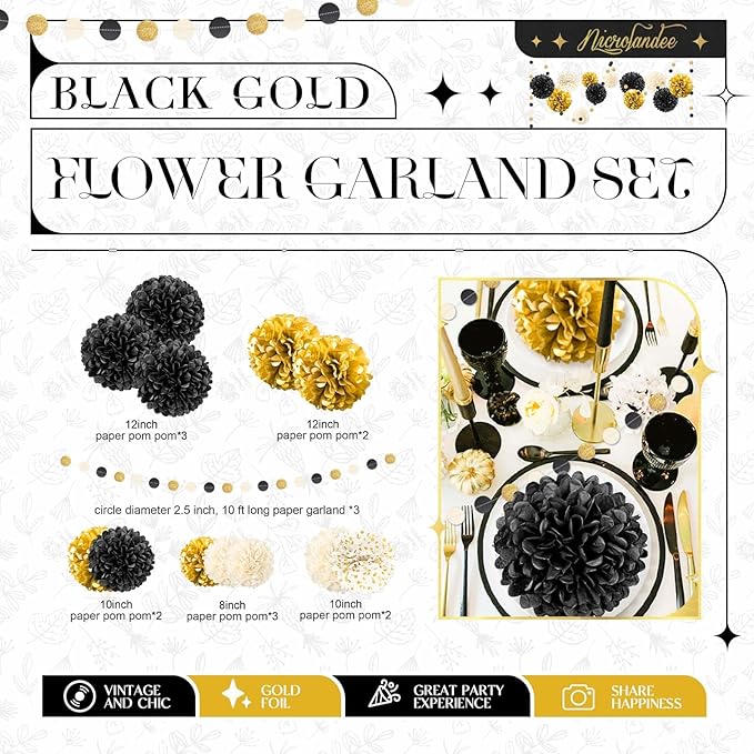 NICROLANDEE Black Gold Party Decorations, 15 PCS Tissue Paper Pom Poms Kit for 2026 Graduation Party Decor, Wedding, Birthday, Engagement, Paper Garland Flower Ball Ceiling Wall Decor