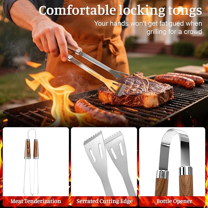 BBQ Grill Accessories, Stainless Steel Grilling Set with Storage Bag, Spatula, Fork, Cleaning Brush BBQ Accessories, Grill Tools Set for Outdoor Cooking Camping, Grilling Gifts for Men