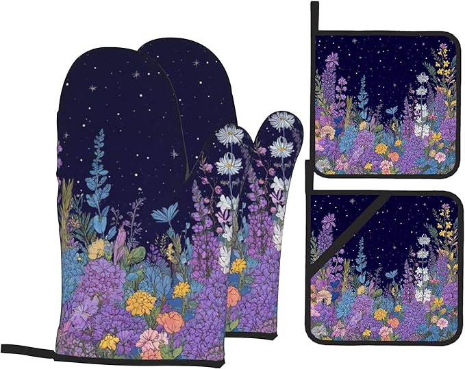 Purple Blue Yellow Flower Pattern Oven Gloves and Hot Pads Set - Heatproof Hand Protection for Baking, Grilling, Cooking 4Pcs