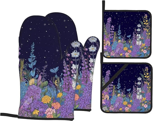 Purple Blue Yellow Flower Pattern Oven Gloves and Hot Pads Set - Heatproof Hand Protection for Baking, Grilling, Cooking 4Pcs