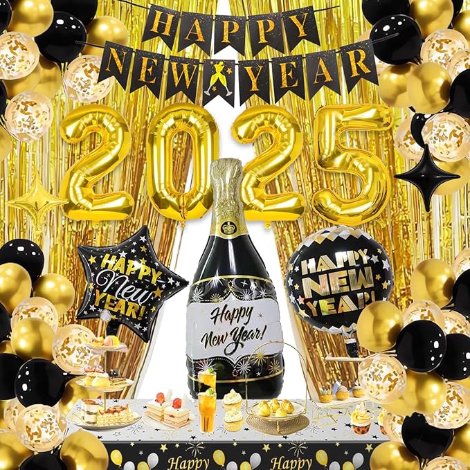 New Years Eve Party Supplies 2025, Gold and Black Balloons Supplies Set with 2025 Foil Balloon, Happy New Year Decorations 2025 Kit Latex Balloons New Year Banner Curtains Backdrop for NYE Decoration