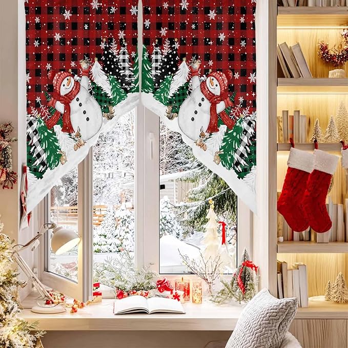 Christmas Snowman Swag Valance Curains Winter Xmas Tree Snowflakes Red Black Plaid Rod Pocket Kitchen Curtains Scalloped Window Treatment Valances Swag for Living Room Bedroom, 1 Pair, 36"W x 45"L