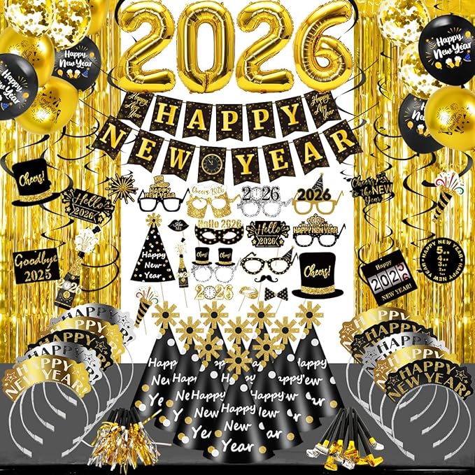 MOVINPE New Year Eve Party Decorations Kit 2026 - Happy New Year Party Supplies, Banner Cone Hats Tiaras Curtain Hanging Swirls Squawkers Blowouts Number Balloons Photo Booth Props Serve 20