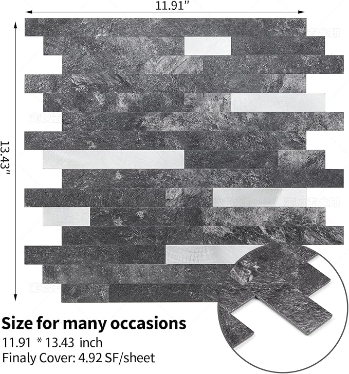 Yipscazo 1 Sheet Peel and Stick Stone Metal Tile Backsplash, Stick on Tiles for Backsplash Kitchen, Bathroom, Laundry Room, Camper, Fireplace (12'' X 12'', Dark Black)