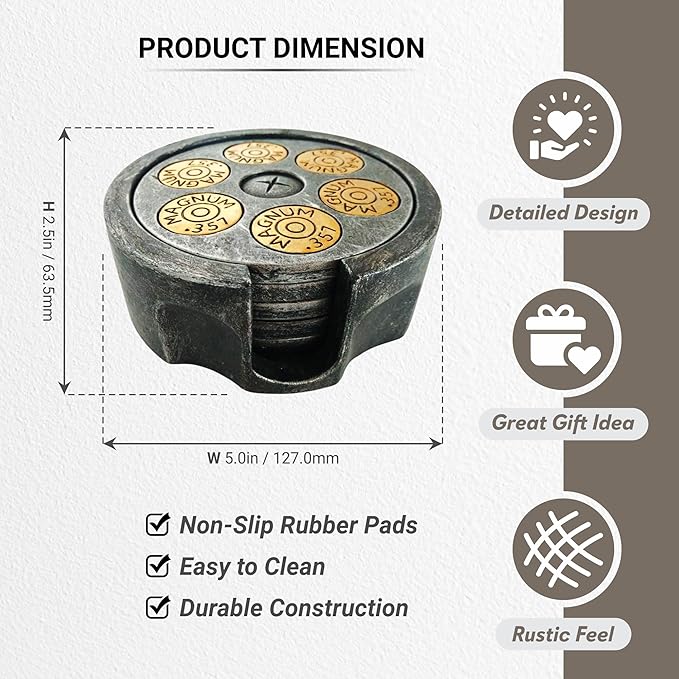 Pine Ridge 357 Revolver Coaster- 5 Piece Drink Coaster Set for Kitchen, Dining and Bar Decor