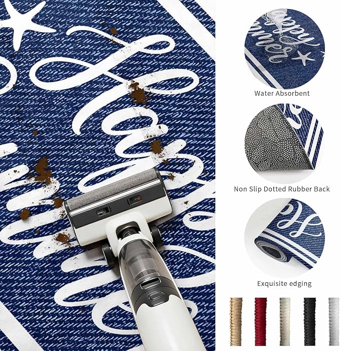 Area Rug 8x10ft, Happy Summer Quote Ocean Starfish Washable Rugs for Living Room Bedroom, Navy Blue Stripe Denim Texture Soft Non-Slip Area Rugs Rectangle Floor Carpet for Dining Room