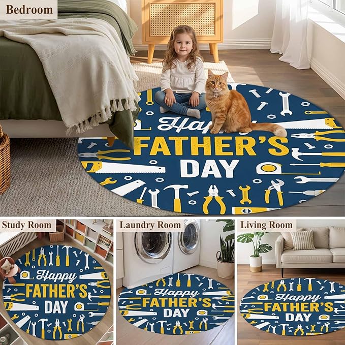 Father's Day Round Rug 6 ft Hand Tools Workshop Equipment Soft Area Rug for Living Room Washable Non-Slip Carpet Indoor Mat for Bedroom Dining Room Holiday Decor