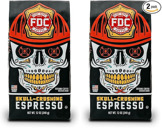 Fire Department Coffee Skull-Crushing Espresso Dark Roast Ground Coffee - 12 oz (2 Pack) - Gives Back to Firefighters - Roasted in the USA - Veteran Owned
