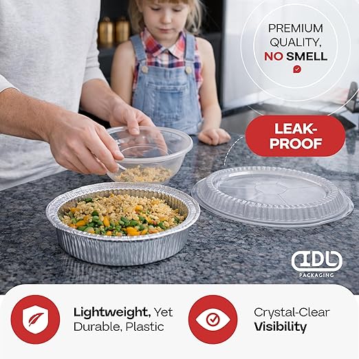 IDL Packaging 9" Round Dome Lid for Foil Pan (Pack of 100) - Clear Plastic Lid for 9" Container - Disposable Aluminum Pans Cover for Takeout, Serving, Freezing