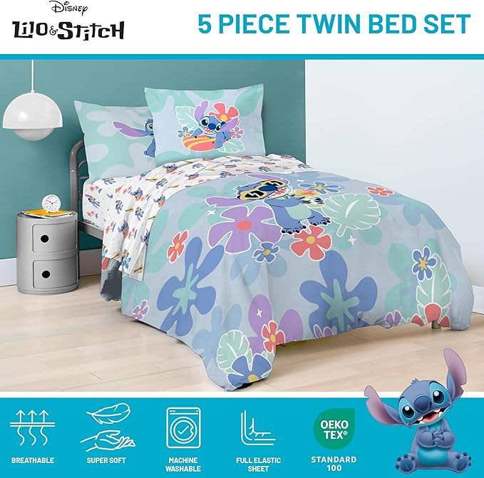 Jay Franco Disney Lilo and Stitch Twin Size Comforter Set - 5 Piece Bedding Includes Sheet Set & Pillow Covers - Super Soft Tropical Bedding