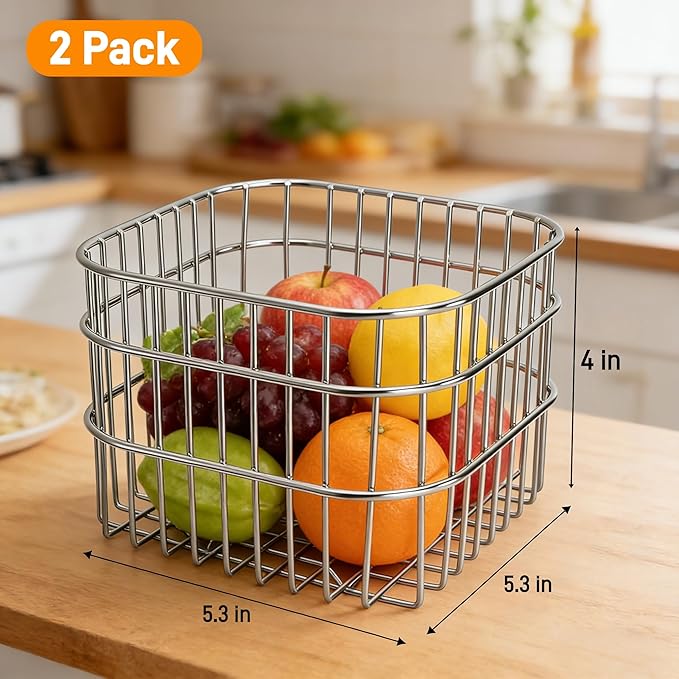 2 Pack Stainless Steel Wire Fruit Basket, 5.3 x 5.3 x 4 In Kitchen Countertop Drain Fruit Bowl, Wire Mesh Colander, Metal Food Storage Organizer for Fruit Vegetable Bread Snack Bathroom