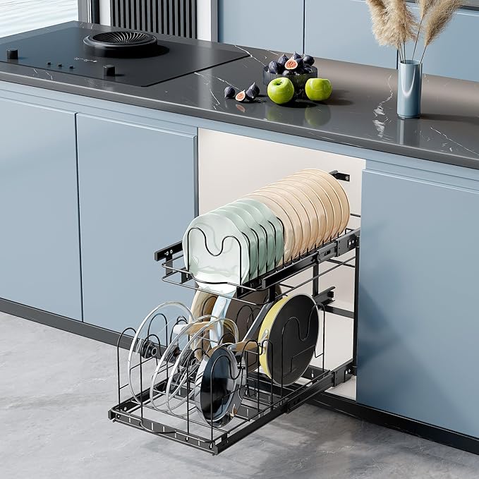 TQVAI Pots and Pans Organizer, Full-Extension Pull Out Cabinet Organizer, Slide Out Drawers for Kitchen Cabinets with Adjustable Dividers, Request at Least 15.5" W x 23.5" D x 23.5" H Opening - Black