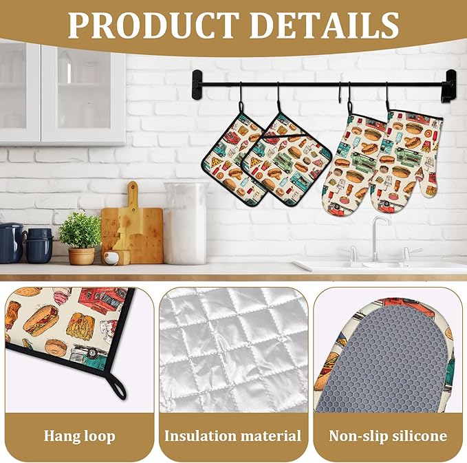Funny Trucks Oven Mitts and Pot Holders Sets 4Pcs Fast Food Snacks Silicone Kitchen Gloves Heat Resistant Potholders for Baking Cooking Grilling BBQ