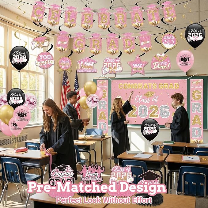 Pink 2026 Graduation Party Decor Kit-Includes Backdrop, Banner, Balloons, Hanging Ornaments & Honeycomb Decorations for Class of 2026 -Full Set for High School and University Graduation Events