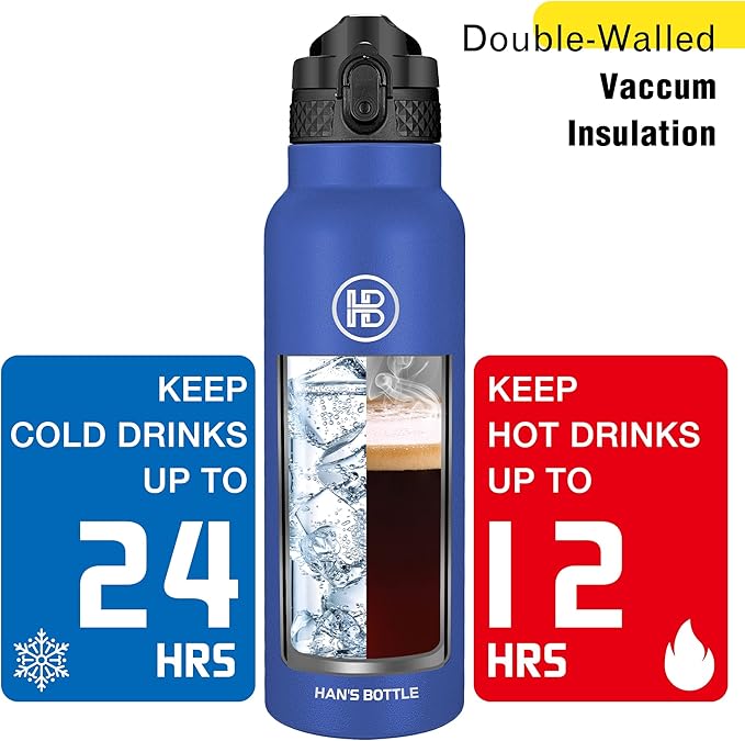 Han's Bottle Sports Water Bottle - 24 Oz, Straw Lid, Leak Proof, Vacuum Insulated Stainless Steel, Double Walled, Thermo Mug,Navy Blue