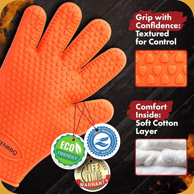 XL Silicone BBQ Gloves, Extreme Heat Resistant, Oven Gloves Perfect for Your Grill Fryer Smoker & Pit, Waterproof Baking Mitts for Cooking or Grilling, Bonus 2 Hangers