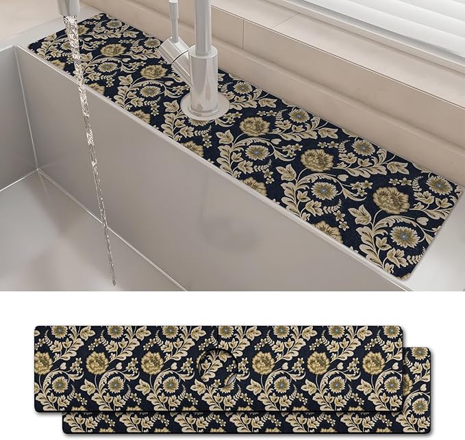 2PCS 24" X 5.5" Kitchen Sink Splash Guard Faucet Mat Floral Flower Super Absorbent Fast Drying Faucet Guard & Draining Mat Sink Splash Guard Behind Faucet for Kitchen, Bathroom