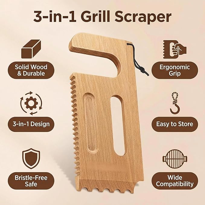 Wooden Grill Scraper – Solid Wood BBQ Grill Grate Cleaner, Bristle-Free Safe Grill Cleaning Tool for Outdoor