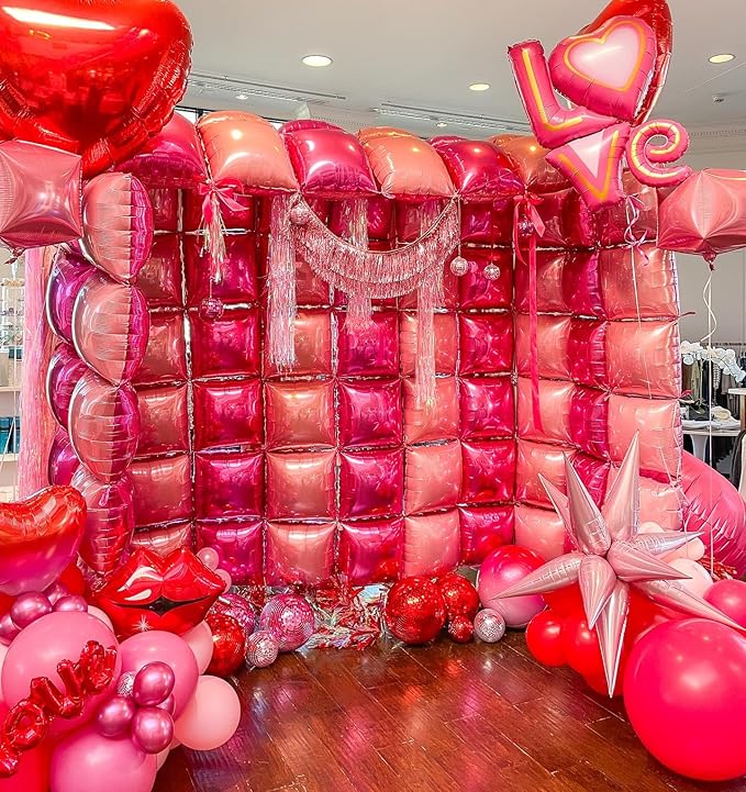 Hot Pink Square Foil Balloon Wall,25Pcs Double Sided Balloons Backdrop Foil Balloon Tunnel Arch Garland Kit for Valentine's Day Birthday Bridal Anniversary Baby Shower Party Decorations