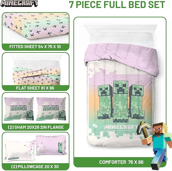Jay Franco Minecraft Creeper Full Comforter Set - 7 Piece Bedding Includes Sheet Set & Pillow Covers - Super Soft Pink & Green Kids Bedding