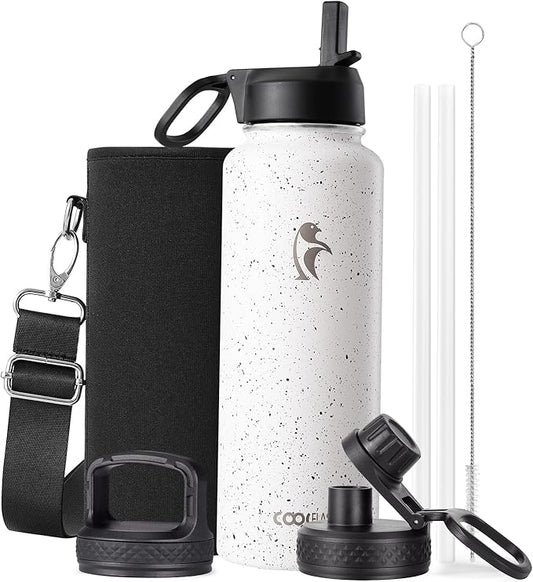 Coolflask Water Bottle 40 oz Insulated with Straw, Stainless Steel Metal 3 Lids Water Flask for Sports or Office, Keep Cold 48H Hot 24H, Arctic White