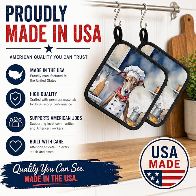 Caroline's Treasures Greyhound The Chef Pair of Pot Holders Kitchen Heat Resistant Pot Holders Sets Oven Hot Pads for Cooking Baking BBQ, 7 1/2 x 7 1/2