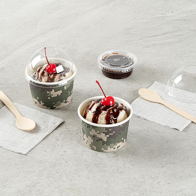 Restaurantware Coppetta 4-Ounce Dessert Cups, 50 Disposable Ice Cream Cups - Lids Sold Separately, Heavy-Duty, Camouflage Paper Frozen Yogurt Bowls, For Hot And Cold Foods