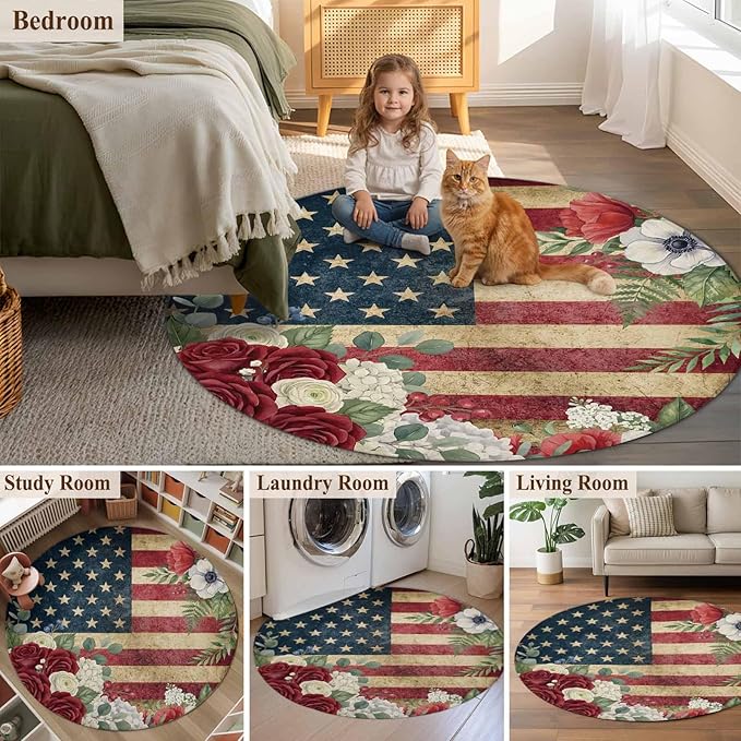 Washable Round Area Rug Independence Day 250th Anniversary Circle Rugs Floor Carpet for Living Room Bedroom, Vintage USA Flag Floral Soft Non Slip Round Rug 5ft