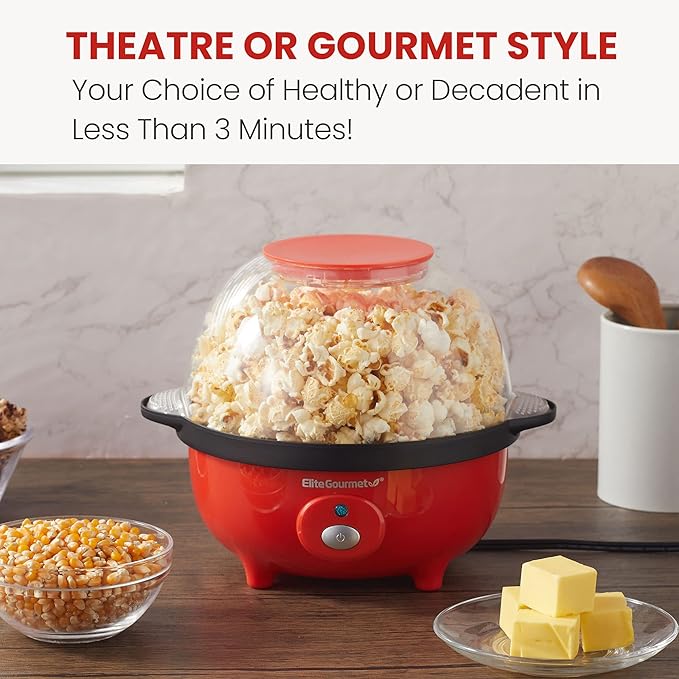 Elite Gourmet EPM330R Automatic Stirring Ceramic Nonstick 12-cup Popcorn Maker, Hot Oil Popcorn Machine w/Measuring Cap & Built-in Reversible Serving Bowl, Great for Home Party, ETL Approved, Red