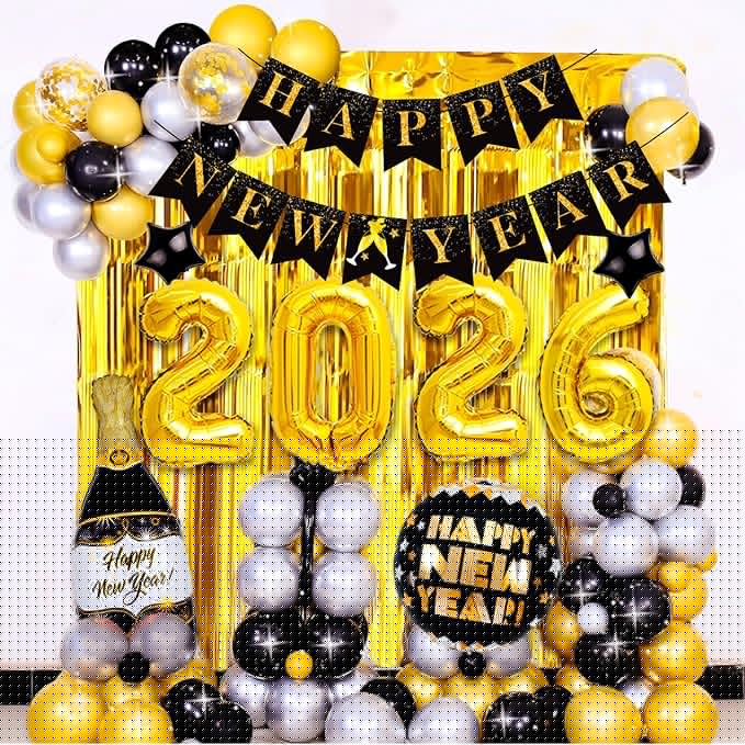 New Years Decorations 2026 Kit, Happy New Years Eve Party Supplies 2026, New Year Balloon Party Set with 2026 Foil Balloons, Happy-New-Year Banner, Fringe Curtain for 2026-New-Year Decoration