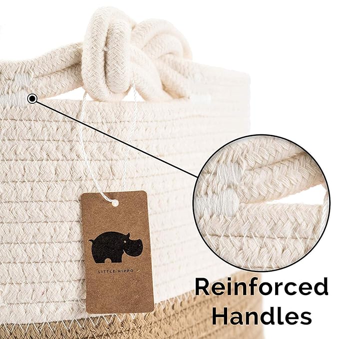 Little Hippo 2pc Large Cotton Rope Basket, White (16"x15") 100% Natural Cotton! Laundry Basket, Woven Storage Basket, Blanket Basket Living Room, Toy Storage Basket, Pillow Basket, Round Basket