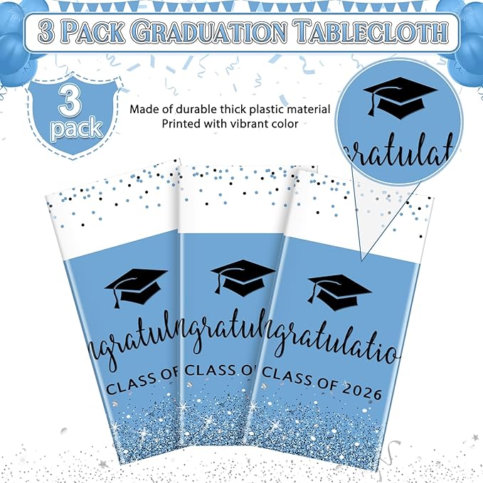 MASHAN 3 Pack Class of 2026 Graduation Tablecloths,Foil Dot Plastic Disposable Rectangle Table Covers for 2026 High School University College Graduation Party Decorations,108 * 54 Inch (Light Blue)