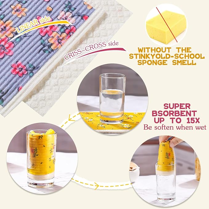 Patelai 6 Pieces Swedish Kitchen Dish Towels Kitchen Cloths Reusable Sponge Cleaning Cloths Absorbent Dish Cloth No Odor Hand Towel Quick Drying Washable Cleaning Wipes (Small Shred Style)