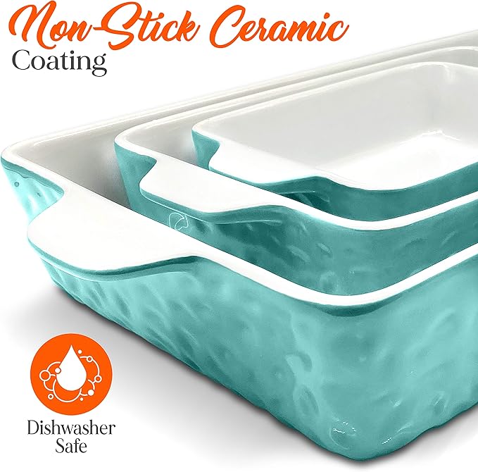 NutriChef 3-pc Casserole Dish Set for Oven, Ceramic Lasagna Baking Dishes, Deep Serving Dish with Handles - Aqua, (14.7"/ 10.8"/ 7.9")