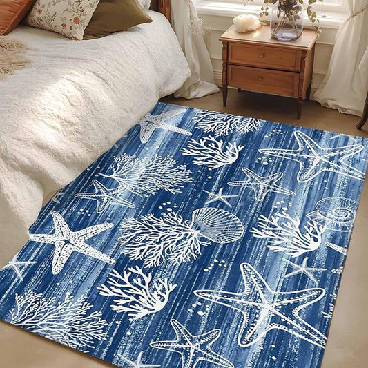 Navy Blue Coastal 4x6 Area Rugs, Ocean Coral Starfish Non-Skid Rubber Backing Large Rectangle Rugs - Living Room Bedroom Home Office, Summer Beach Indoor Floor Mat Carpets Washable Rug