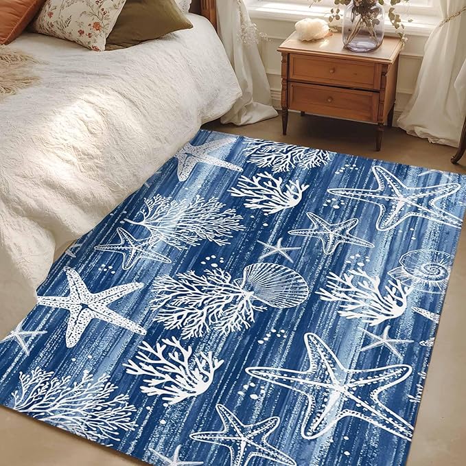 Navy Blue Coastal 2.7x5 Area Rugs, Ocean Coral Starfish Non-Skid Rubber Backing Large Rectangle Rugs - Living Room Bedroom Home Office, Summer Beach Indoor Floor Mat Carpets Washable Rug