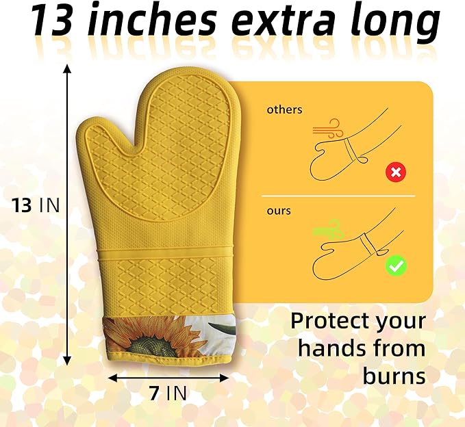 Pair of 2 Heat-Resistant Silicone Oven Mitts – Extra Long, Non-Slip Grip, Soft Cotton Lining, Perfect for Baking, Cooking & BBQ – 13” x 7” Kitchen Gloves (Sun Flower)