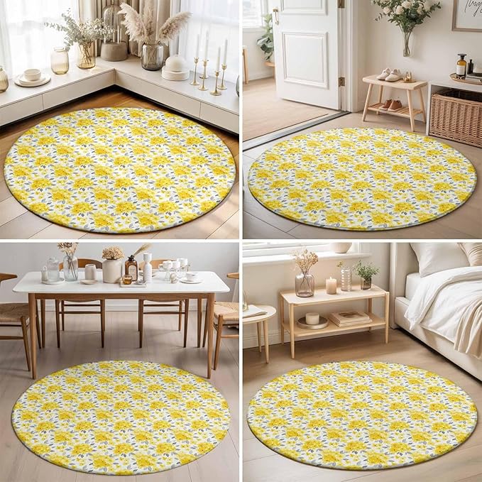 Washable Round Area Rug Summer Pastoral Yellow Flower Circle Rugs Floor Carpet for Living Room Bedroom, Country Floral Leaf Theme Soft Non Slip Round Rug 5ft